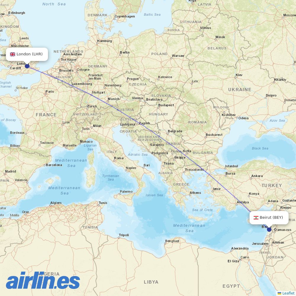Middle East Airlines at LHR route map