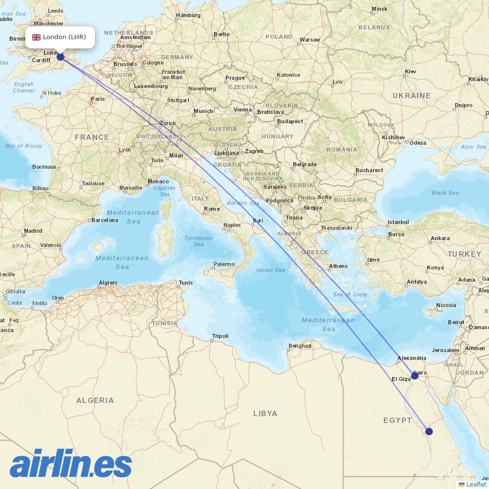 EgyptAir from Heathrow destination map