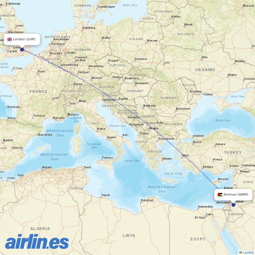 Royal Jordanian from Heathrow destination map
