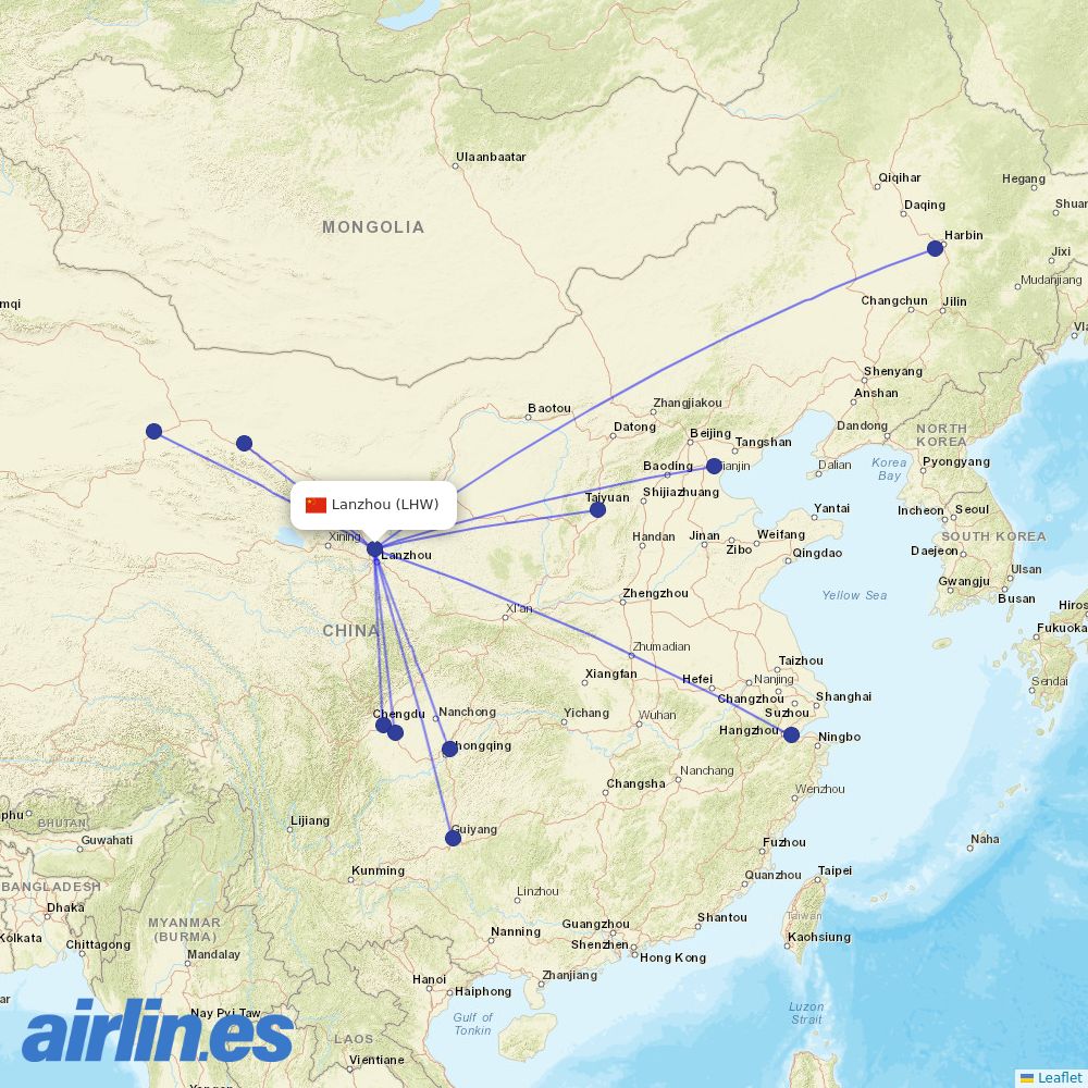Sichuan Airlines from Lanzhou Zhongchuan International Airport destination map