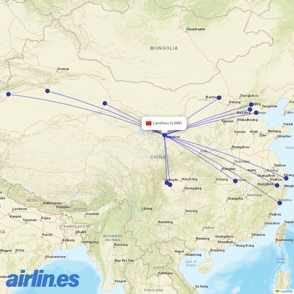 Air China from Lanzhou Zhongchuan International Airport destination map