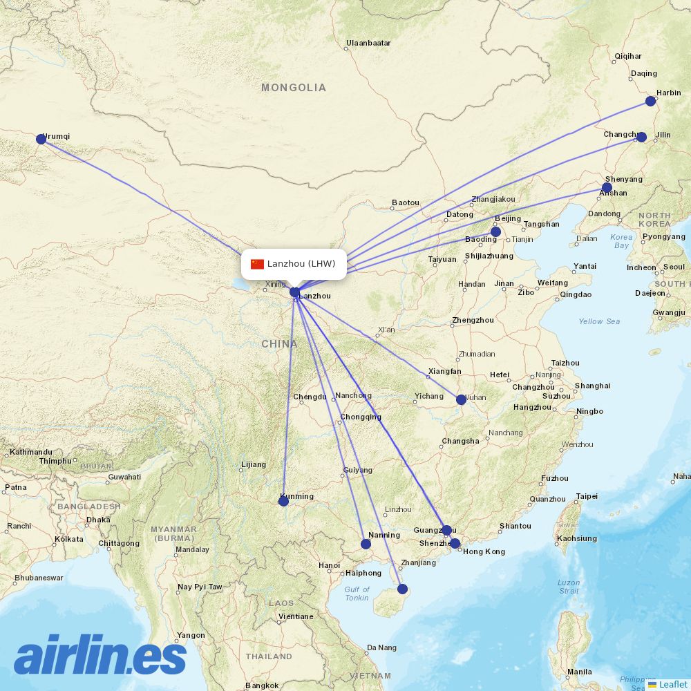 China Southern Airlines from Lanzhou Zhongchuan International Airport destination map