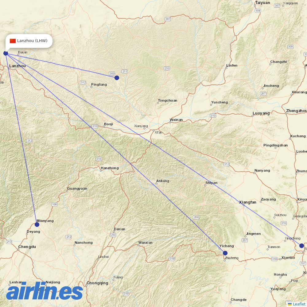 Donghai Airlines from Lanzhou Zhongchuan International Airport destination map