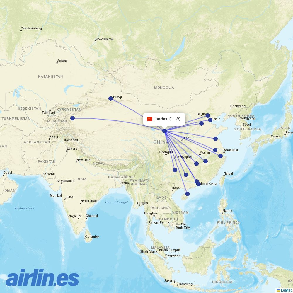Hainan Airlines from Lanzhou Zhongchuan International Airport destination map