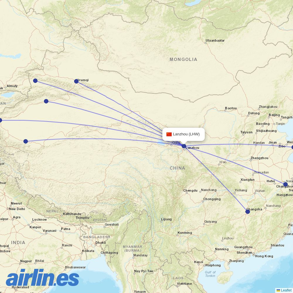 Qingdao Airlines from Lanzhou Zhongchuan International Airport destination map