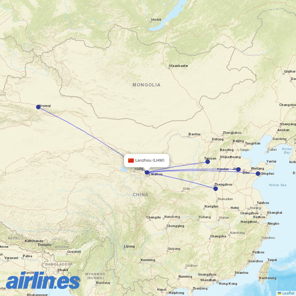 Shandong Airlines from Lanzhou Zhongchuan International Airport destination map