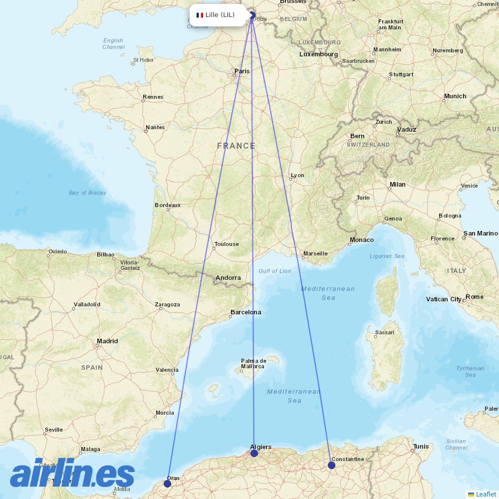 Air Algerie from Lesquin destination map