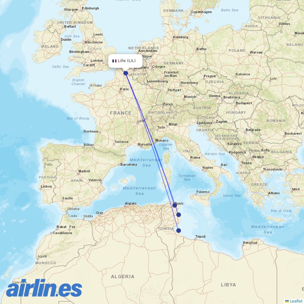 Nouvelair Tunisie from Lesquin destination map