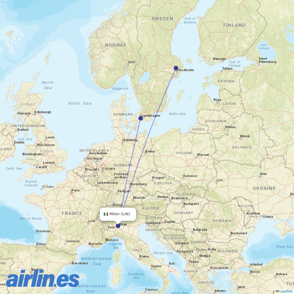 Scandinavian Airlines from Linate destination map