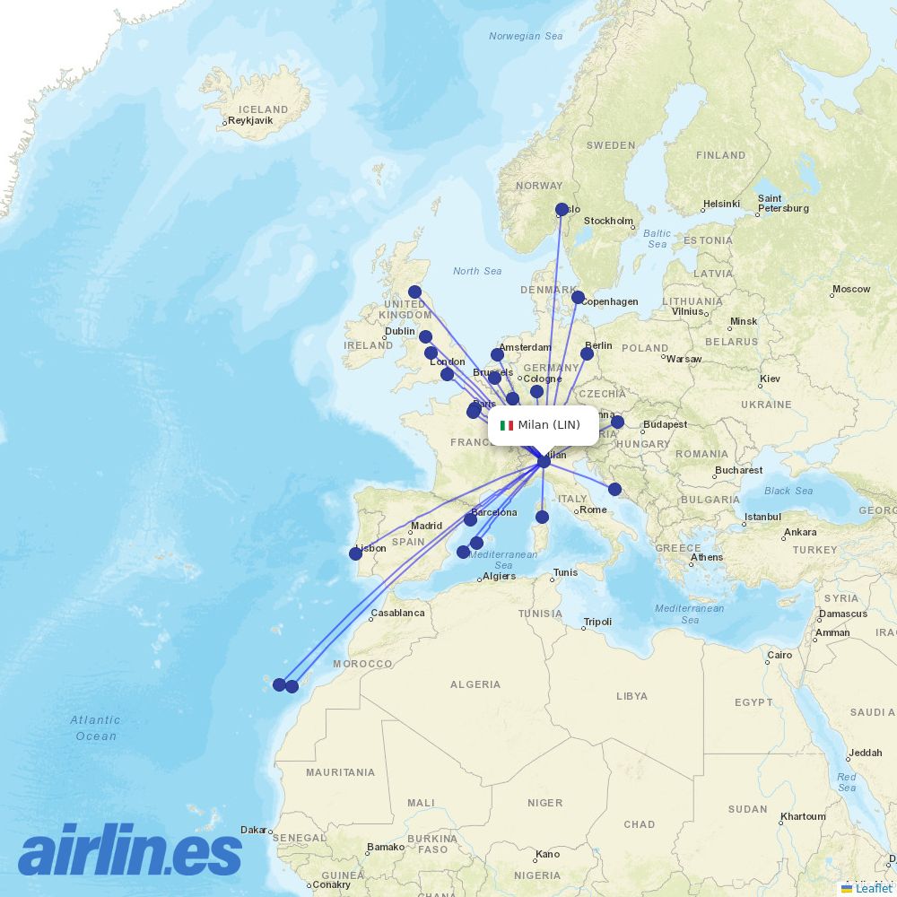 easyJet from Linate destination map