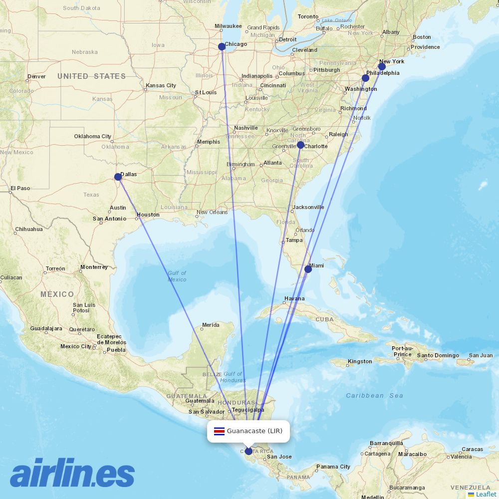 American Airlines from Daniel Oduber Quiros International destination map