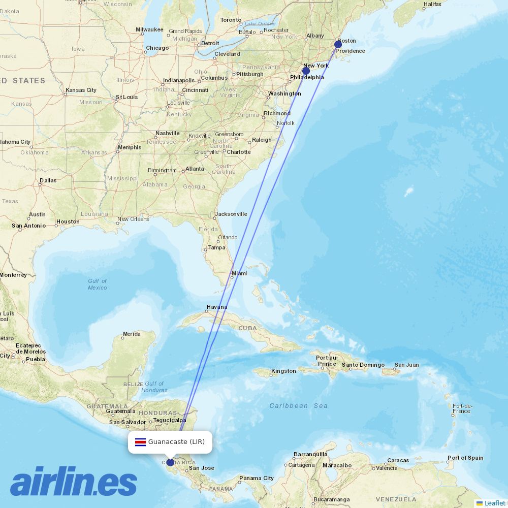 JetBlue Airways from Daniel Oduber Quiros International destination map