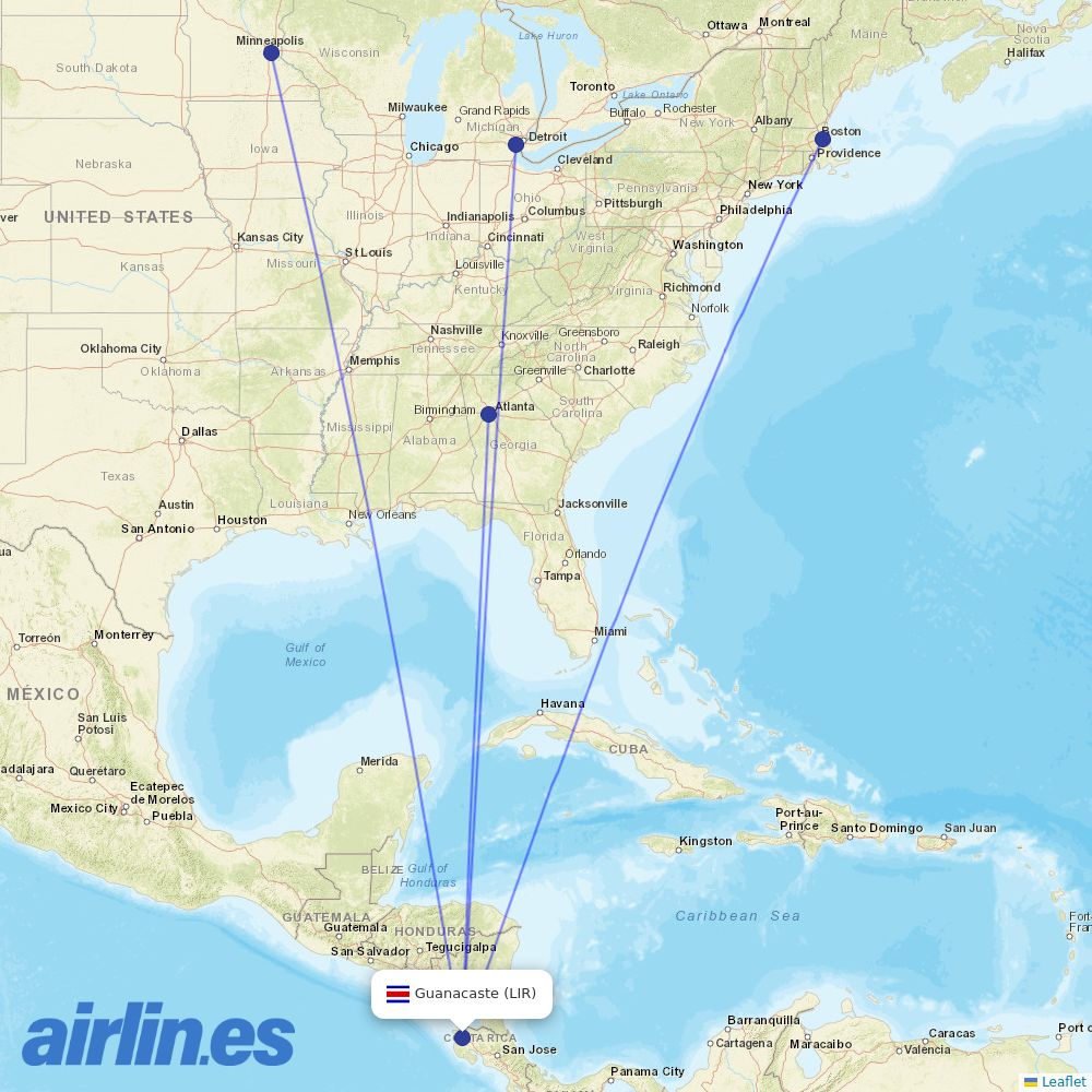 Delta Air Lines from Daniel Oduber Quiros International destination map
