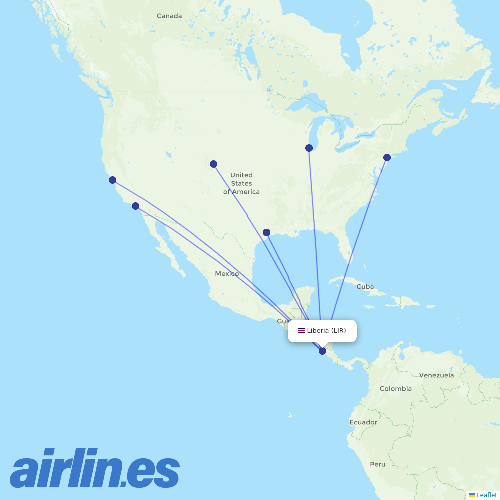 United Airlines from Daniel Oduber Quiros International destination map