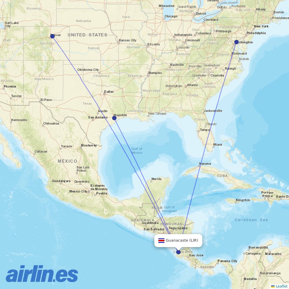 Southwest Airlines from Daniel Oduber Quiros International destination map