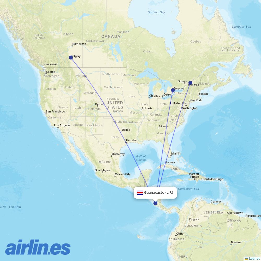 WestJet from Daniel Oduber Quiros International destination map