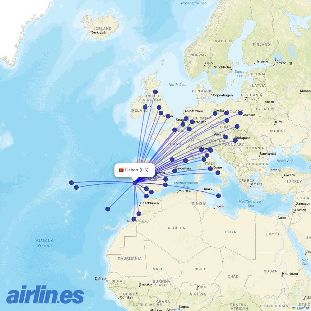 Ryanair from Lisbon Airport destination map