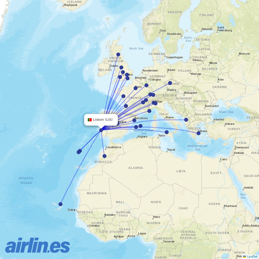 easyJet from Lisbon Airport destination map