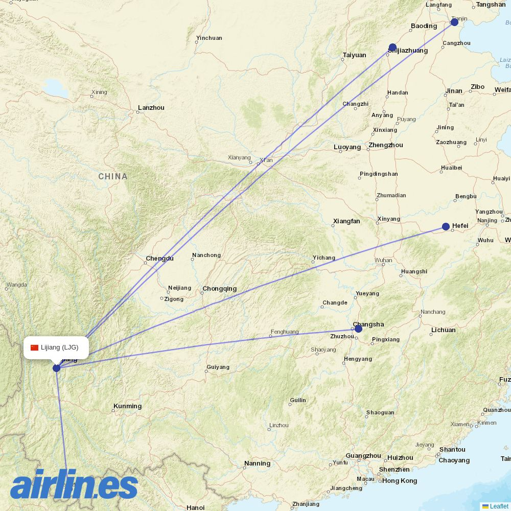 Qingdao Airlines from Lijiang Sanyi Airport destination map