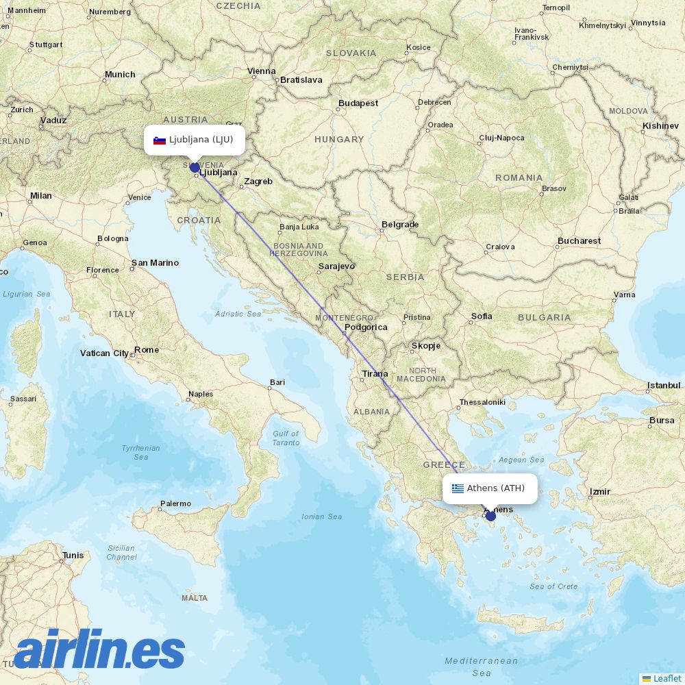 Aegean Airlines from Ljubljana destination map