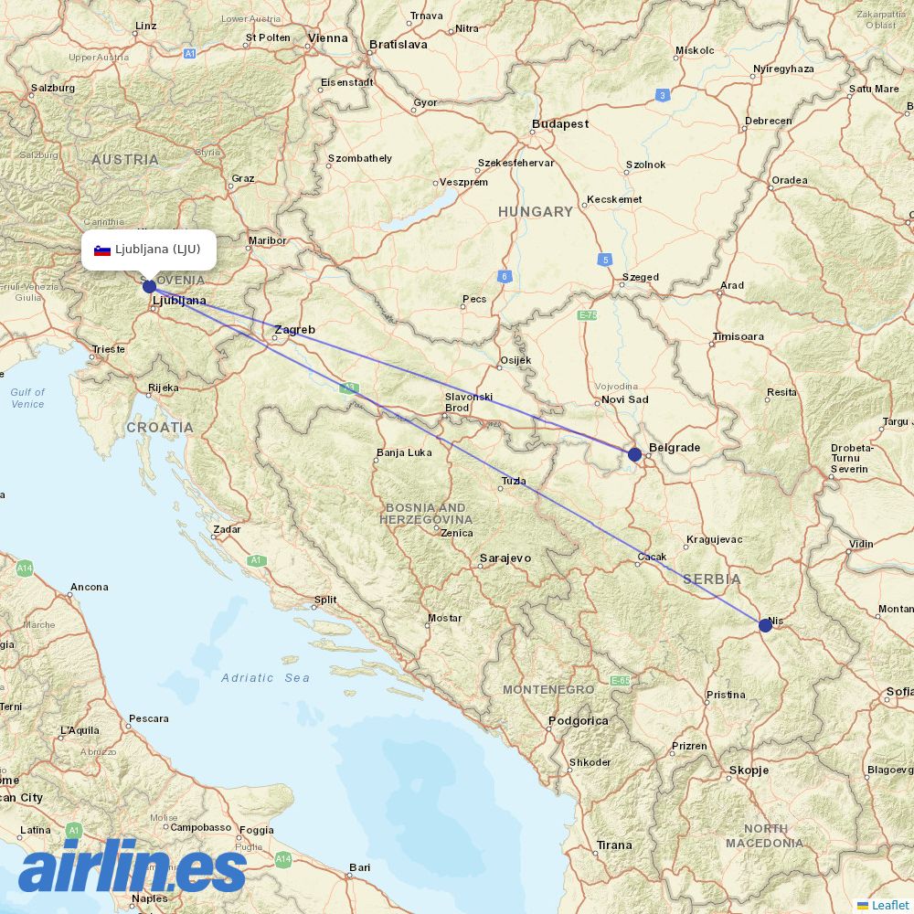 Air Serbia from Ljubljana destination map