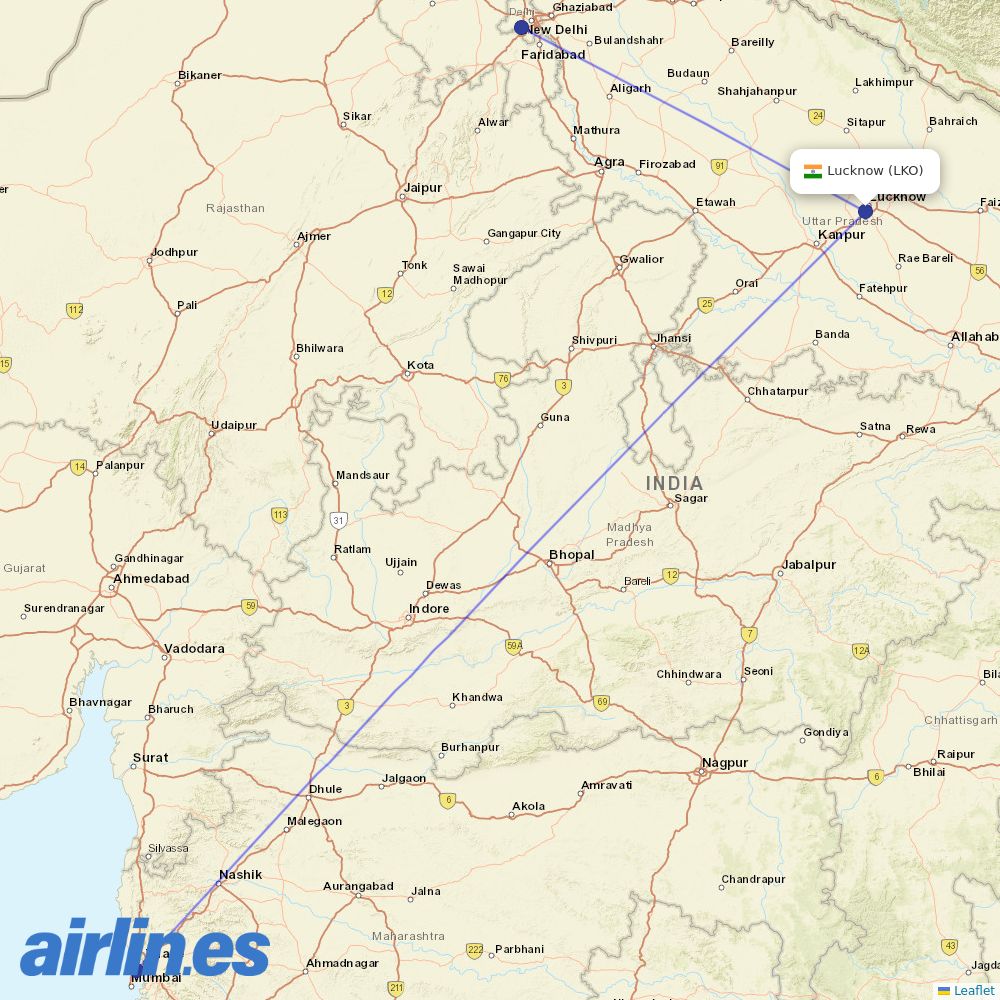 Air India from Lucknow destination map