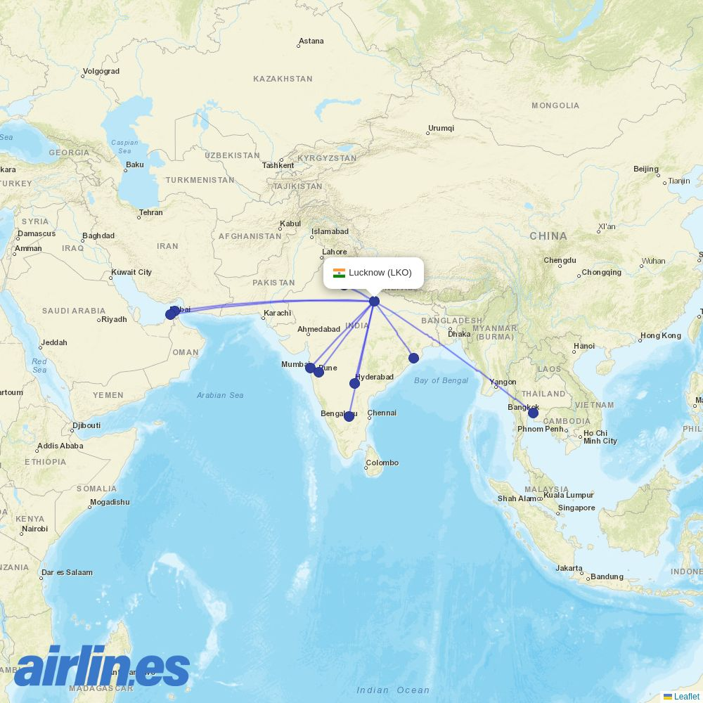 Air India Express from Lucknow destination map