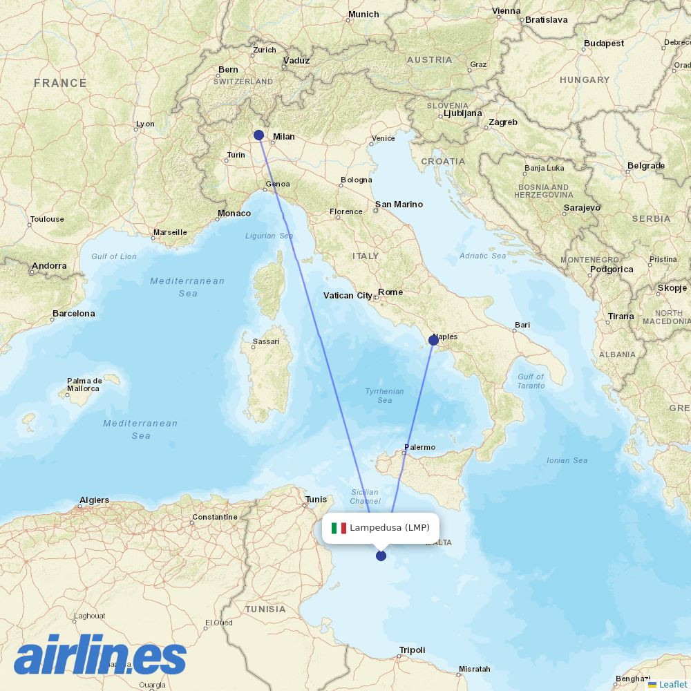 easyJet from Lampedusa destination map