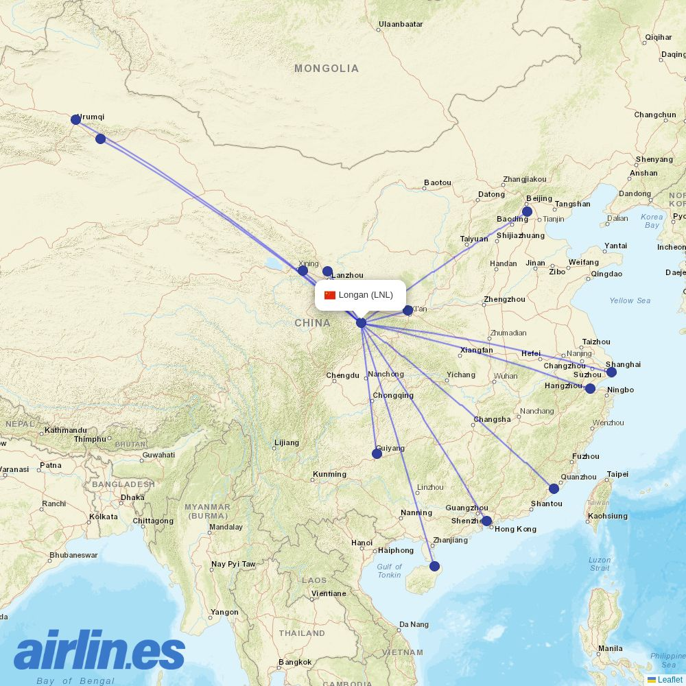 Juneyao Airlines from Cheng Xian Airport destination map
