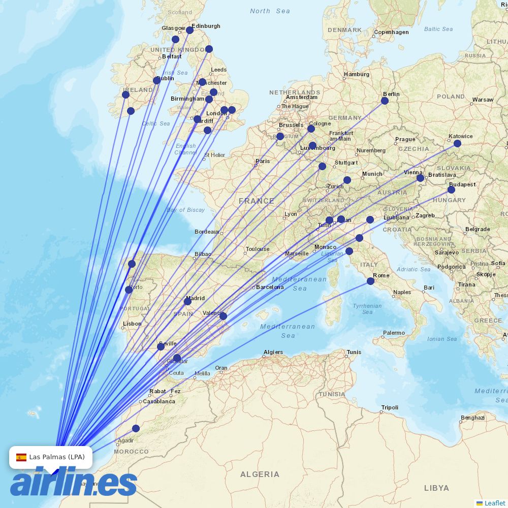 Ryanair from Gran Canaria Airport destination map