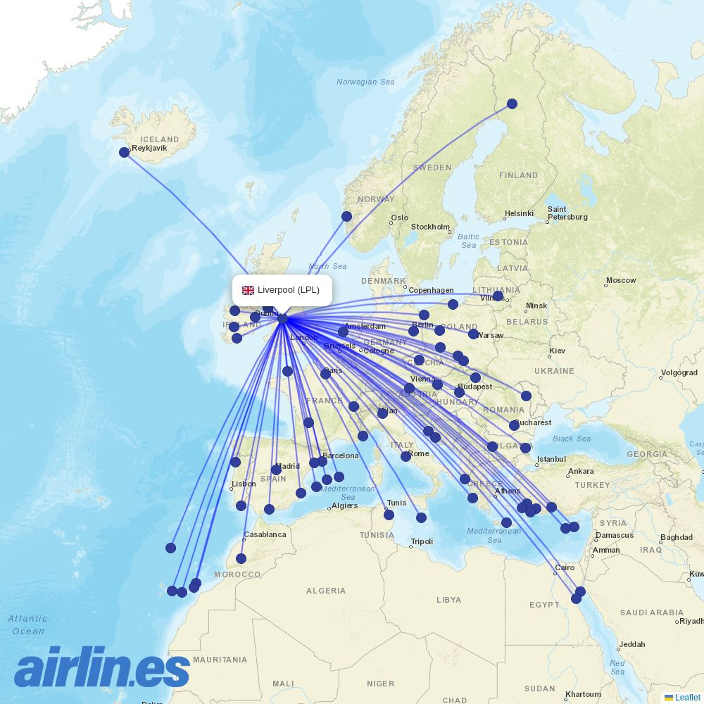 Aer Lingus from Liverpool Airport destination map