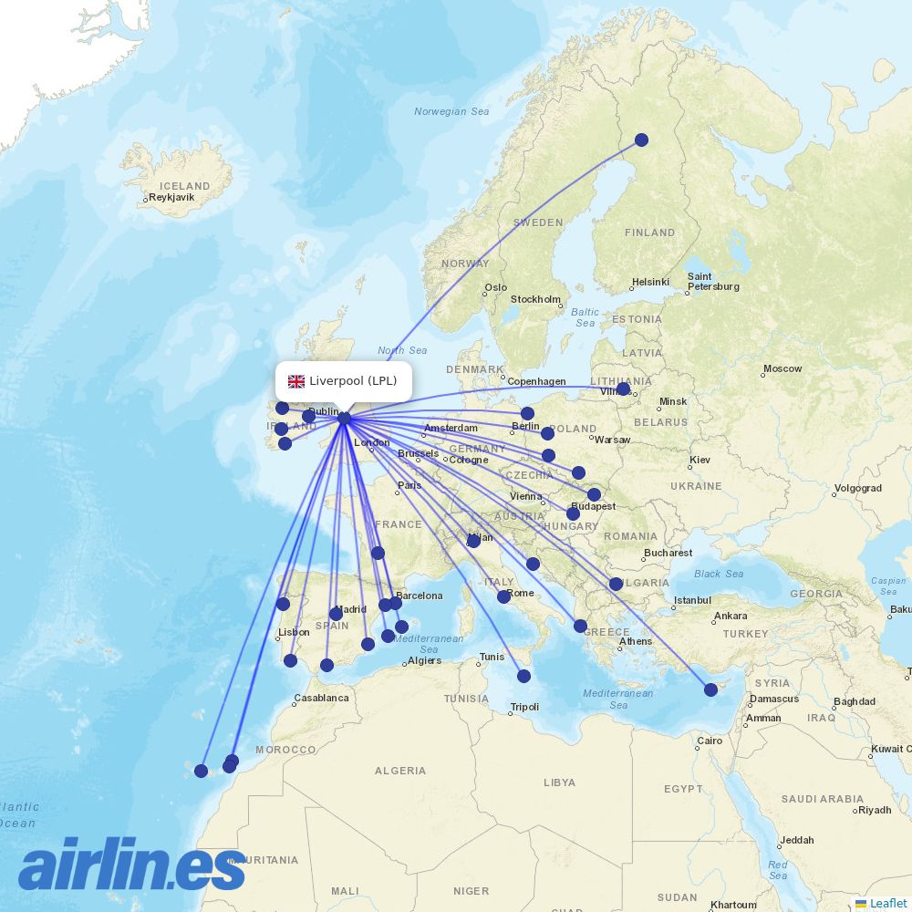 Ryanair from Liverpool Airport destination map