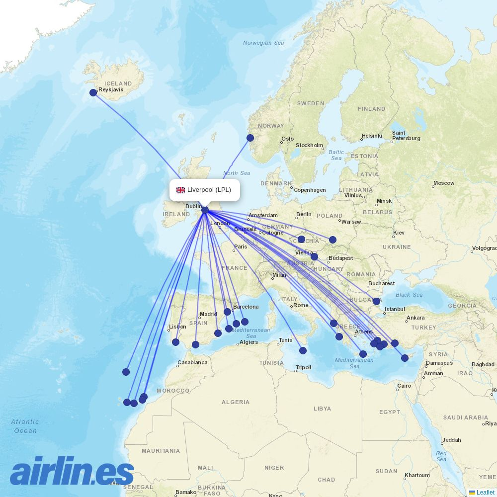 Jet2 from Liverpool Airport destination map