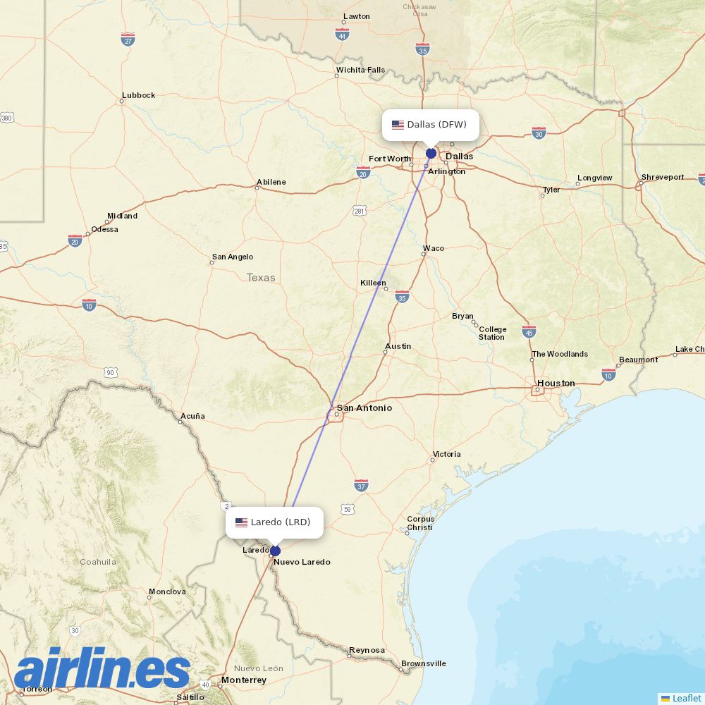 American Airlines from Laredo International destination map