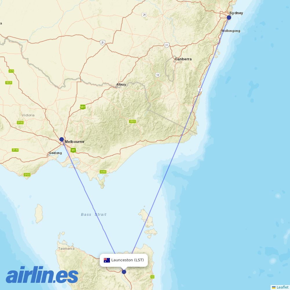 Qantas from Launceston destination map