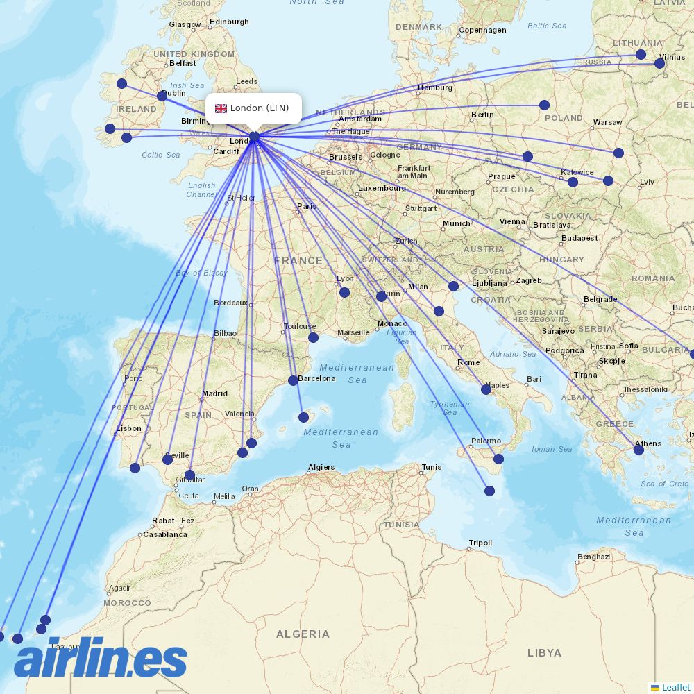 Ryanair from Luton destination map