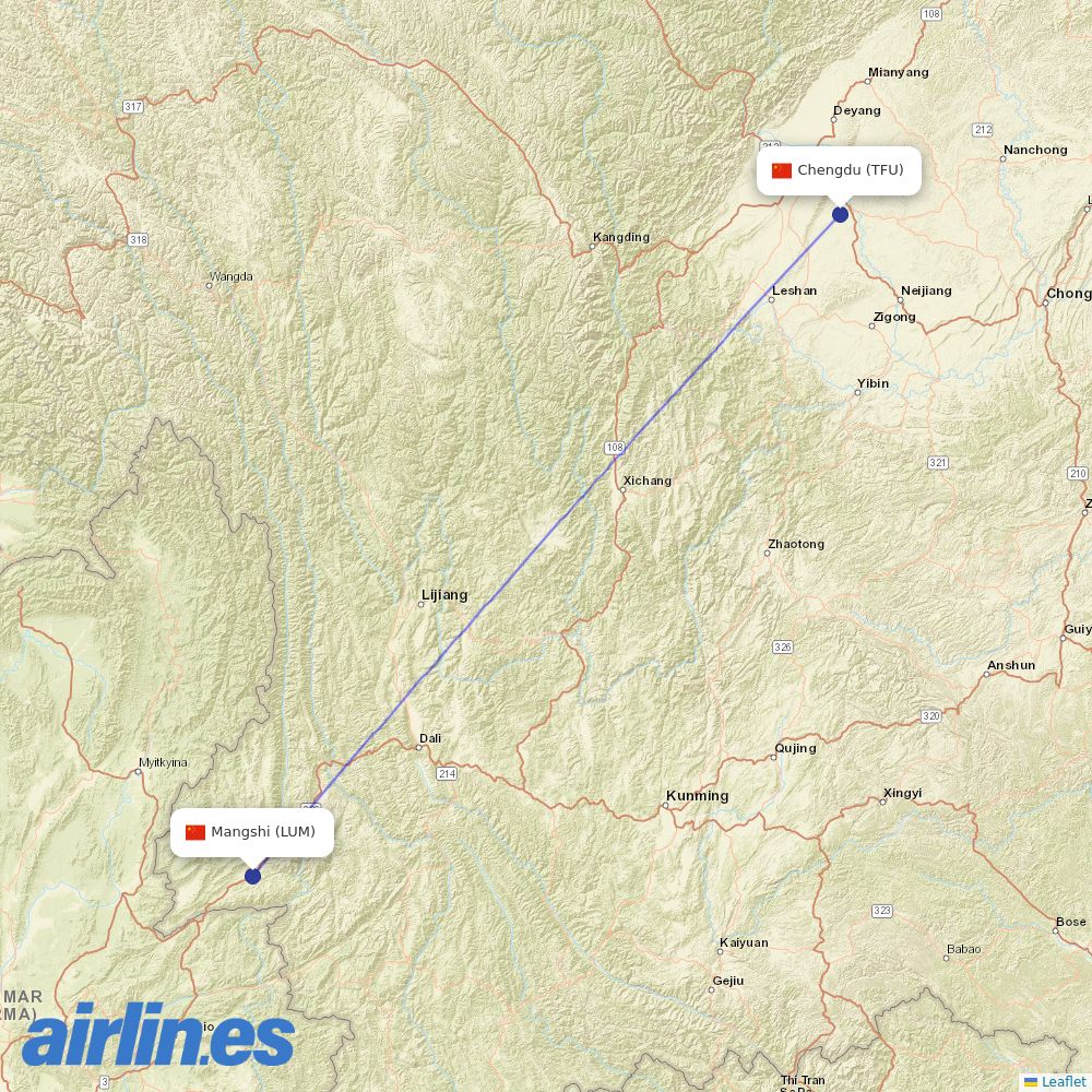 Air China from Dehong Mangshi Airport destination map