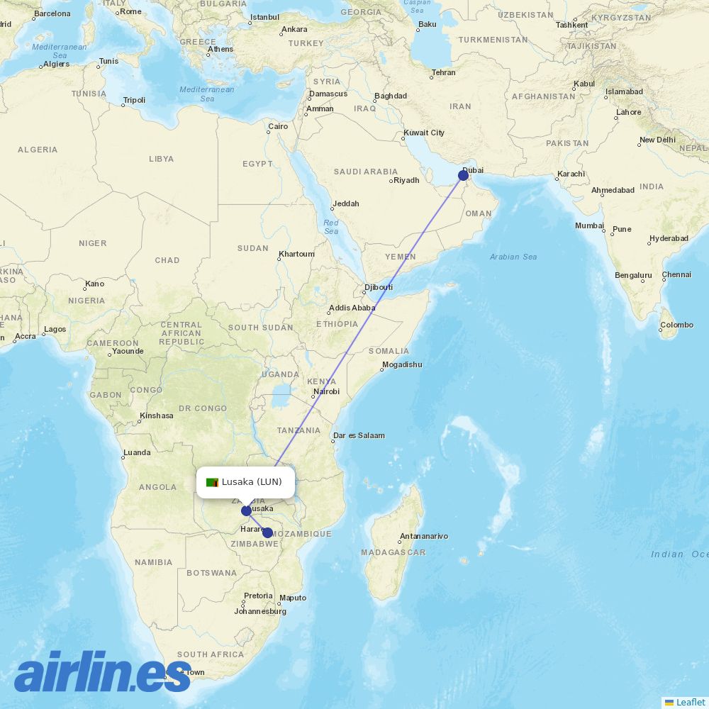 Emirates from Lusaka International destination map