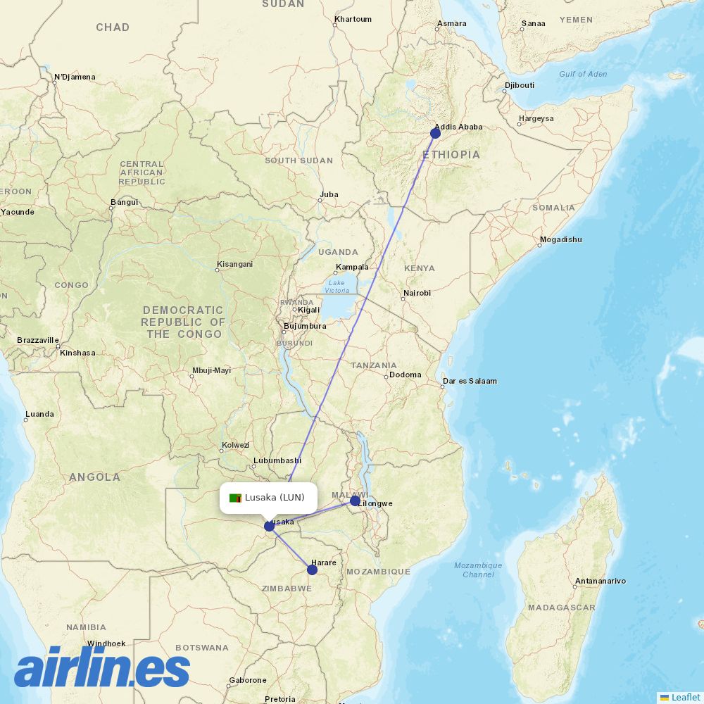 Ethiopian Airlines from Lusaka International destination map