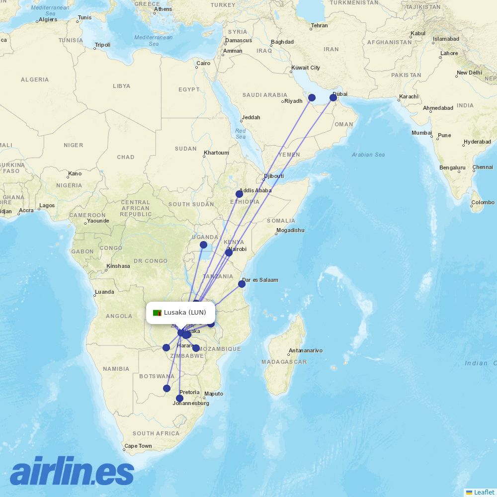 Proflight Zambia from Lusaka International destination map