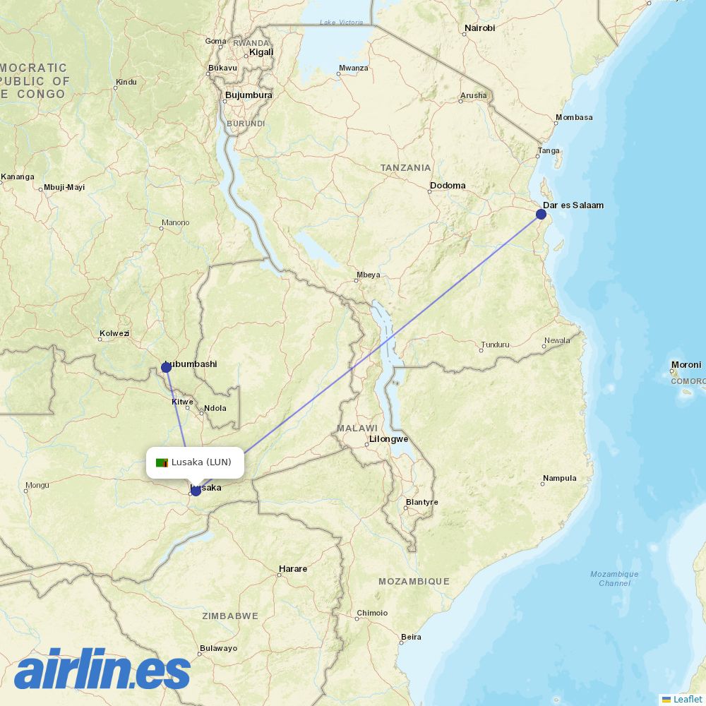 Air Tanzania from Lusaka International destination map