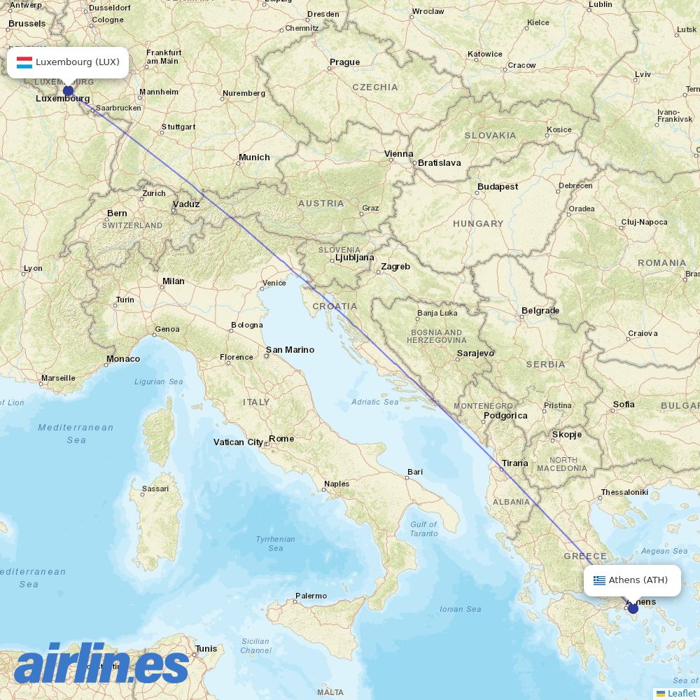 Aegean Airlines from Luxembourg Airport destination map