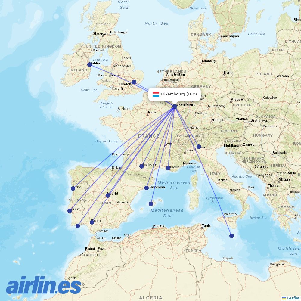 Ryanair from Luxembourg Airport destination map