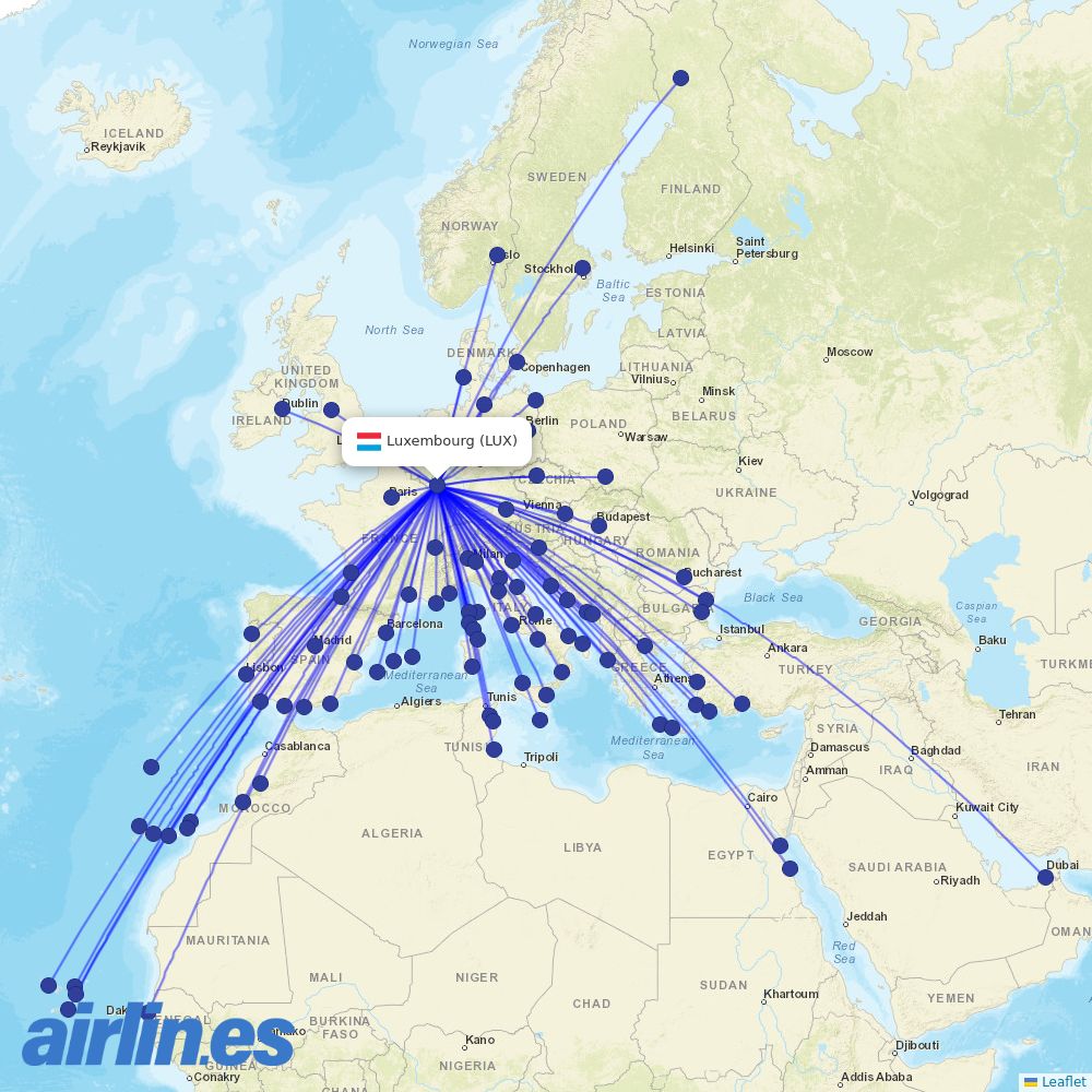 Luxair from Luxembourg Airport destination map