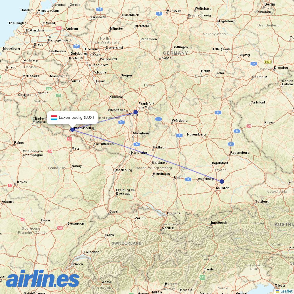 Lufthansa from Luxembourg Airport destination map