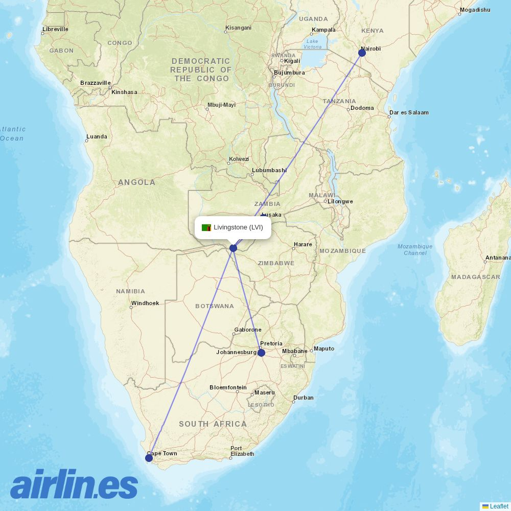 Zambia Airways at LVI route map
