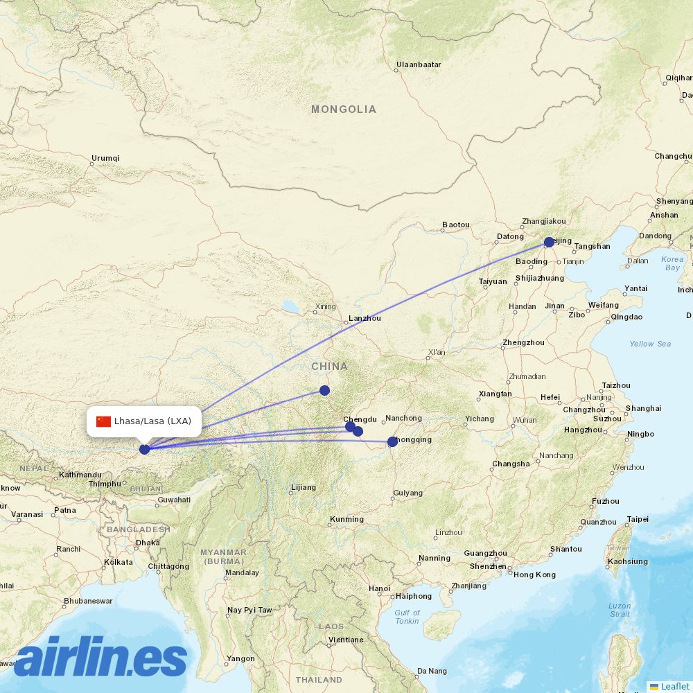 Air China from Lhasa Airport destination map