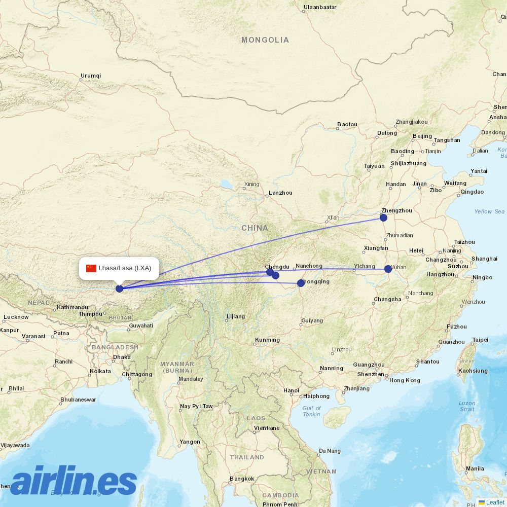 Chengdu Airlines from Lhasa Airport destination map