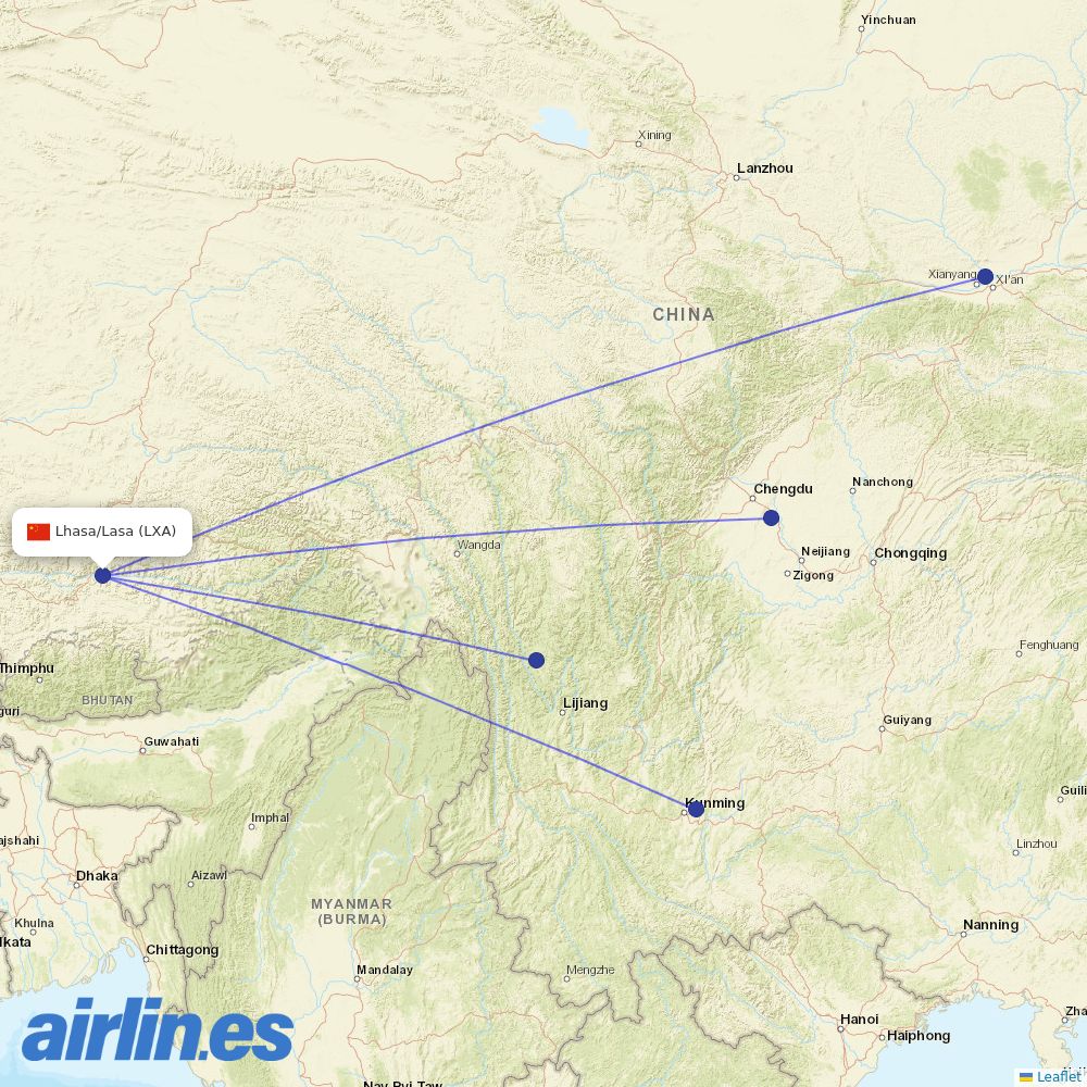China Eastern Airlines from Lhasa Airport destination map