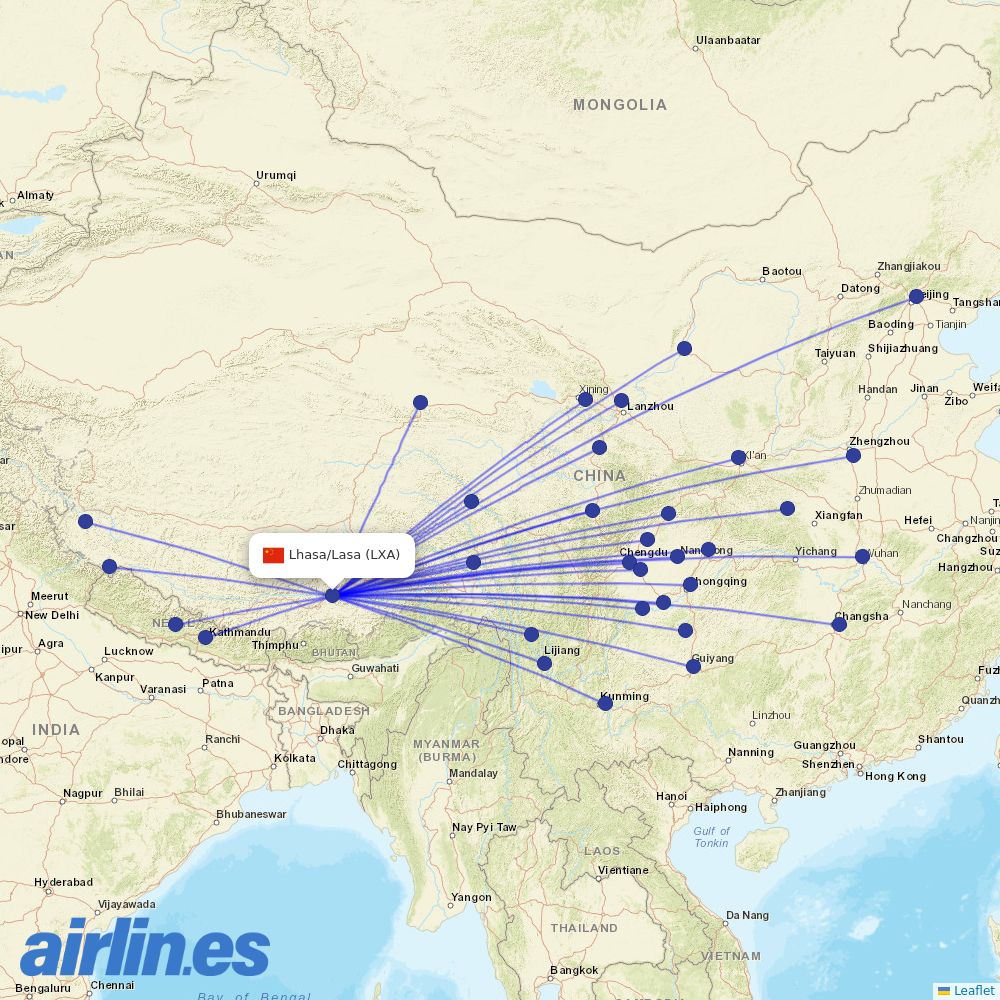 West Air (China) from Lhasa Airport destination map